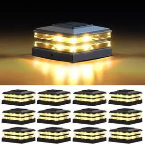 4x4 Solar Post Cap Lights Outdoor Waterproof 12 Pack Fence Deck Post Lights with High-Brightness LEDs, Dual Light Modes Warm White & Cool White. (Classic Black, 12)