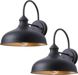 12in Farmhouse Barn Light Outdoor, 2 Pack Garage Exterior Matte Black Gooseneck Sconce with Brass Interior, Large Outside Porch Door Wall Mount Lights for Patio, Entryway, Balcony