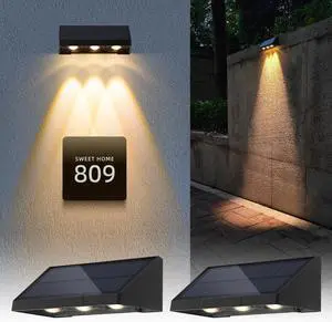Solar Wall Lights Outdoor, 3 LED Lenses Fence Lights Solar Powered Outdoor Waterproof Warm White, Dusk to Dawn Exterior House Number Lighting for Porch, Patio, Balcony, Deck, Address Sign (2 Pack)