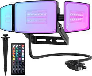Onforu Outdoor Flood Lights 50W, 3 Head RGBW Multicolor Outdoor Flood Lights with 2700K Warm White, Color Changing Flood Light with Remote Control, IP65 for Garden, Yard