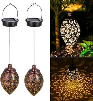 (2 Pack) Hanging Solar Lights, Tomshine Solar Lantern LED Moroccan Garden Decor, Metal Solar Lanterns Outdoor Waterproof for Outside, Patio, Porch, Pathway Hanging Decor