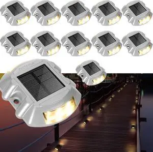 JACKYLED Solar Dock Lights 12 Pack Outdoor Solar Lights, IP68 Waterproof LED Deck Lighting Aluminium Warning Road Markers with Switch for Driveway Pathway Lake Boat Sidewalk, Warm White