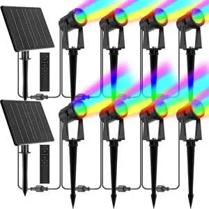 ZYAN Solar Powered Landscape Spotlights Outdoor Waterproof IP65, RGBW Colored Spotlights for Garden Yard, Auto On/Off Remoto Control Spot Lights for Plant, Tree, Patio, Path, Lawn, Wall (8 Pack)