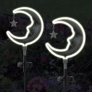 2pack Solar Moon Stars Lights Outdoor,Moom Solar Garden Lights Decor, Garden Outdoor Decorative,Solar Powered neon Lights for Pathway,Housewarming Ornament for Yard,Lawn,Patio(Silver)