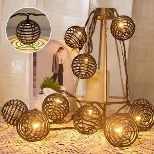 Decorative - Rattan Ball String Lights with 10 Led Bulbs Plug in Rattan Lantern String Lights for Patio Garden Backyard Party Decor,9.84FT