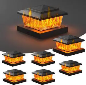 VOLISUN Solar Fence Post Cap Lights 6pack, Black Solar Deck Cap Flame Light Outdoor Waterproof, High Brightness Flickering Flame SMD LED Lighting, for 4x4 Wooden/4x4 5x5 Vinyl Post