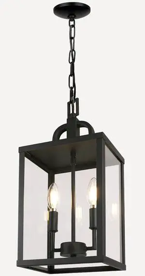 Large Outdoor Indoor Pendant Light 2-Light, Modern Black Metal Outside Chandelier Exterior Hanging Fixture Ceiling Mount with Clear Glass Shade for Front Porch Entrance Foyer Entryway (Bulb Included)