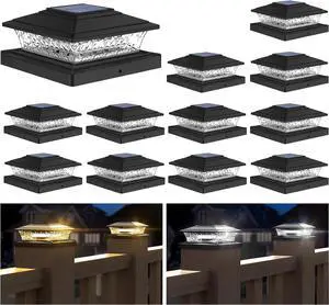 APONUO Solar Post Lights Outdoor, 2 Lighting Modes 16 LEDs Solar Post Cap Lights for 4x4 5x5 6x6 Vinyl Wooden Posts Waterproof Fence Post Lights Solar Powered for Deck/Fence/Porch (Black,12 Pack)