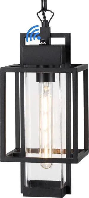 Outdoor Pendant Light, 16" Dusk to Dawn Exterior Chandelier Porch Hanging Light with Clear Glass, Modern Black Outdoor Hanging Lantern for Porchs Gazebo, OS-KY1006