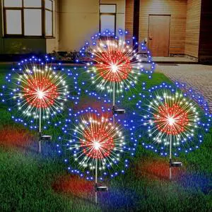 4 Pack Solar Firework Lights Decorations Garden Pathway Solar Power Light Stake Waterproof Landscape Lamp with 180 LED 8 Modes for Christmas 4th of July Party Decoration (Red, White, Blue)