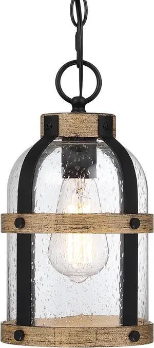 Outdoor Pendant Light for Porch,Waterproof Modern Exterior Hanging Lantern with Adjustable Chain, in Black and Wood Grain Finish with Air Bubble Glass for Front Door,Entryway,Farmhouse