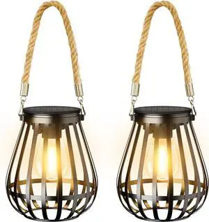 Hanging Solar Lanterns Outdoor Waterproof, Bright and Warm Lighting Up to 12 Hours, Premium Metal Lights with Twine for Yard Garden Patio Fence Porch Hanging Decor
