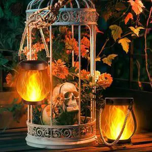 Halloween Solar Flame Lantern Hanging Outdoor Waterproof Purple - 2 Pack Flame Lanterns with Dual Charging Modes of Solar & USB for Garden or Yard Halloween Decorations (Warm White - 2 Pack)