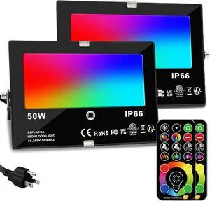 LED Flood Light Outdoor, 50W RGB Color Changing 5000 Lumens FloodLight, DIY Strobe Mode, 120 Colors Uplight, Timing, RGBW 2700K Warm White, IP66 Waterproof Spotlight (2 Pack)