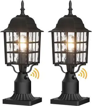 2-Pack Dusk to Dawn Outdoor Post Light, Exterior Lamp Post Light Fixture with Pier Mount Base, Exterior Pole Lantern Light, Black with Water Ripple Glass