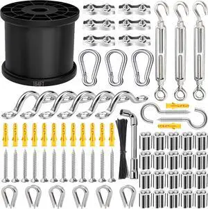 164FT Black Vinyl-Coated 304 Stainless Steel Cable  Heavy Duty String Lights Hanging Kit with Turnbuckle, Thimble & Hooks for Outdoor, Patio, Garden, Christmas Lights