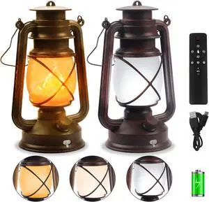2 Pack Bronze Vintage 4 Modes Light LED LanternsRechargeable Dancing Flame Lanterns Decorative Outdoor&Indoor, Remote Control Waterproof Hanging Lights for Camping,Patio Garden Pathway