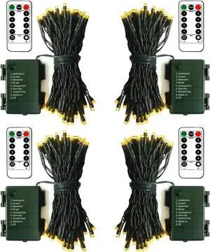 ZAIYW Battery Operated String Lights 4 Pack 16.5Ft 50LED String Lights with Remote Control 8 Modes Timer Christmas Lights Green Wire for Outdoor Garden Party Garlands Xmas Tree Decor (Warm White)