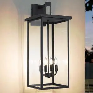 26 in Large Outdoor Wall Lantern, Modern Matte Black Exterior Light Fixtures for House with Clear Glass Shade, Large Outdoor Light Fixtures Wall Mount E12 Base Garage & Porch Wall Light