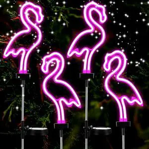 Hortsun Flamingo Solar Lights Outdoor Neon Light Yard Pink Flamingo Waterproof Decorations for Garden Patio Yard Pathway Decoration(4 Pack)