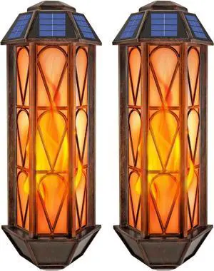 Solar Flame Wall Sconce Lights Outdoor, 74 LED Flickering Flame Sconces, Solar Powered Auto On/Off, Waterproof Wall Lanterns for House Garage Doorway Garden Porch Patio Yard Decoration (2 Pack)