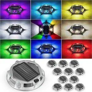 12Pack Aluminum Alloy Solar Driveway Lights, IP68 Solar Deck Light Marine Dock Lights Outdoor Waterproof, Multi-color LED Driveway Markers for Walkway, Path Decor [12Modes - Strobe/RGB/Fix-color]