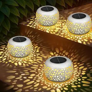 Solar Lanterns Outdoor Waterproof: 4 Pack White Hollow Out Metal Solar Lights - 2 Lighting Colors Outside Garden Yard Porch Indoor Tabletop Retro Decorations - Unique Gifts for Women Mom Wife