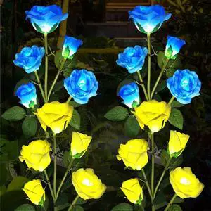Solar Garden Lights - Realistic 20 Rose Waterproof Solar Flowers for Outside Patio Yard Pathway & Christmas Decorations, Blue & Yellow