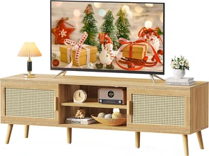 SUPERJARE Boho TV Stand for 65 Inch TV, Entertainment Center with Adjustable Shelf, Rattan TV Console with 2 Cabinets, Media Console, Solid Wood Feet, 4 Cord Holes, for Living Room - Natural SUPERJARE Boho TV Stand for 65 Inch TV, Entertainment Center with Adjustable Shelf, Rattan TV Console with 2 Cabinets, Media Console, Solid Wood Feet, 4 Cord Holes, for Living Room - Natural