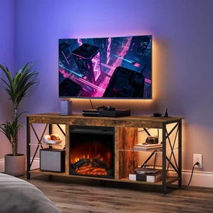 HOOBRO Fireplace TV Stand with Charging Station and LED Lights, TV Stand with Fireplace for TVs up to 65", Entertainment Center with Fireplace, Glass Shelves, Rustic Brown and Black BF140UDDS01 HOOBRO Fireplace TV Stand with Charging Station and LED Lights, TV Stand with Fireplace for TVs up to 65", Entertainment Center with Fireplace, Glass Shelves, Rustic Brown and Black BF140UDDS01