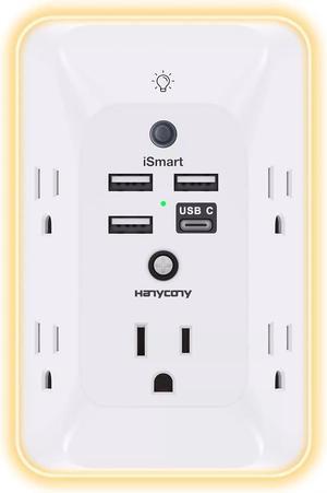 Outlet Extender with Night Light, 5 Outlet Splitter (3 Side) and 4 USB Charger(1 USB C), USB Wall Charger, Multi Plug Outlets for Home, Office, Dorm Room Essentials