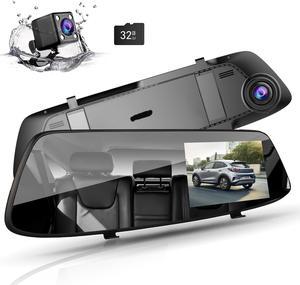 720P 4.3 Inch Mirror Dash Cam, Touch Screen Dual Dash Cam Front and Rear with Waterproof Backup Camera Parking Assistance, Night Vision, Loop Recording