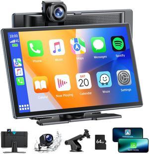 LAMTTO 9'' Wireless Carplay Screen Portable Car Stereo with 4K Dash Cam, 1080P Backup Camera, Car Radio Receivers with Apple Carplay Android Auto, Mirror Link, Loop Recording, GPS Navigation
