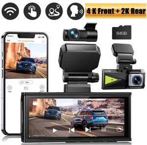 Lamtto 4K Dual Dash Cam 5Ghz WiFi GPS, 4K Front Camera and 2K Rear Dash Camera for Cars, 3.16" IPS Touch Screen, Voice Command,170° Wide Angle,Type C Port,Free APP & 64GB Memory Card