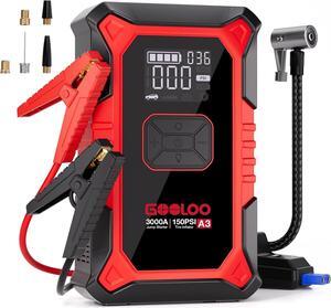 GOOLOO A3 Jump Starter with Air Compressor, 3000A Portable Car Battery Booster (9.0 Gas/6.5L Diesel) with 150PSI Auto-Shutoff Tire Inflator, 12V Supersafe Lithium Jump Box Car Battery Jumper Starter