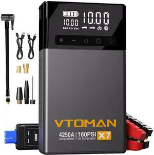 VTOMAN X7 Jump Starter with Air Compressor, 4250A Portable Car Starter with 160PSI Digital Tire Inflator,12V Lithium Battery Charger Booster Box with Type-C Quick Charge (Up 10L Gas/10L Diesel Engine) VTOMAN X7 Jump Starter with Air Compressor, 4250A Portable Car Starter with 160PSI Digital Tire Inflator,12V Lithium Battery Charger Booster Box with Type-C Quick Charge (Up 10L Gas/10L Diesel Engine)