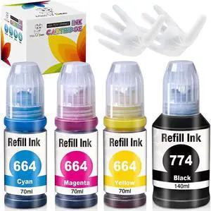 Miss Deer Compatible 774 664 Ink Refill Bottles Replacement for T664 T774 T6641 Work with ET-2650 ET-2550 ET-4500 ET-2600 ET-16500 Printer (1 Black 1 Cyan 1 Magenta 1 Yellow) 4-Pack