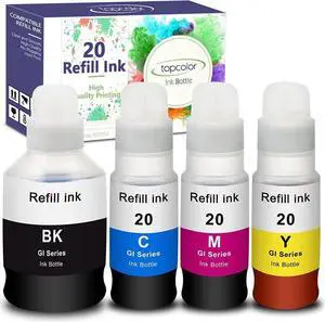 Topcolor Compatible Dye Ink Replacement for GI-20 GI20 Ink Bottles Refills Kit for G6020 G5020 G7020 MegaTank Printers, 170mL Black Ink Refill, 70mL Cyan Magenta Yellow, 4 Packs