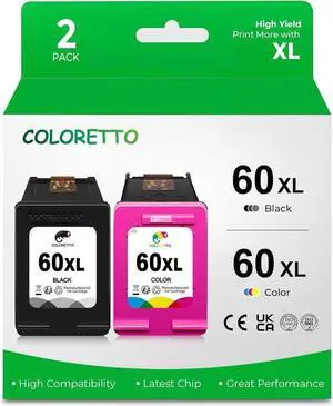 COLORETTO Remanufactured Printer Ink Cartridge Replacement  60XL to use with C4680 D110 Deskjet D2680 D1660 D2530 F2430 F4210 (1 Black+1 Color) Combo Pack