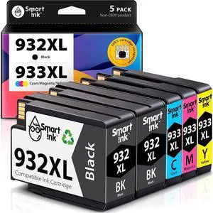 Smart Ink Compatible Ink Cartridge Replacement  932XL 933XL 932 XL 933 (5 Pack Combo) to use with Officejet 6600 6100 6700 7510 7610 7612 7510 Printers (2 Black XL, Cyan, Magenta, Yellow)
