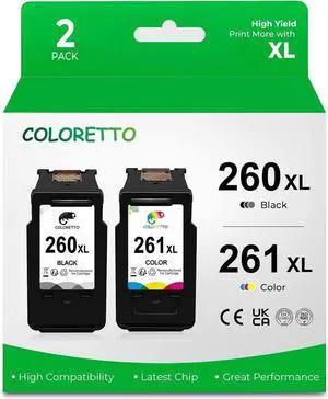 COLORETTO Remanufactured  PG-260XL CL-261XL 260 261 XL (1 Black, 1 Color) Printer Ink Cartridges for TS5320 TS6420 TR7020 All in One Wireless Printer High Yield Multipack