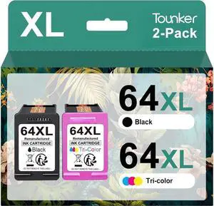 64XL Black/Color Ink Cartridges Replacement  64XL Ink Cartridge Combo Pack Remanufactured  64 Ink Works with Envy Photo 7858 7855 7155 7164 6255 Tango Series Printer (Black & Tri-color)