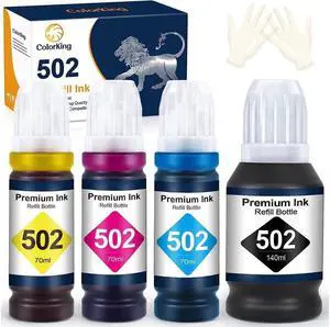 ColorKing Compatible Ink Bottle Replacement for 502 T502 Refill Ink for ET-2760 ET-2750 ET-3760 ET-4760 ET-3750 ET-4750 ET-3710 ET-15000 ET-3700 2700 Printer (Black, Cyan, Magenta, Yellow, 4 Pack)