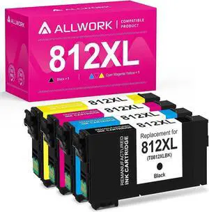 Allwork New Version Remanufactured 812XL Ink Cartridges Replacement for Epson T812XL 812 T812 Ink for Workforce Pro WF-7820 WF-7840 EC-C700 WF-7310, Black Cyan Magenta Yellow 4-Pack