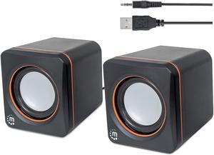 Manhattan USB Powered Stereo Speaker System Small Size with Volume Control & 3.5 mm Aux Audio Plug to Connect to Laptop, Notebook, Desktop, Computer - 3 Yr Mfg Warranty - Black Orange