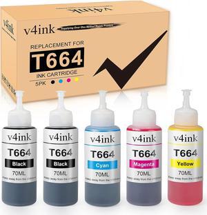 v4ink Compatible 664 XL Refill Ink Bottle Replacement for 664 XL T664 for Use with Epson EcoTank ET-2500 ET-2650 ET-4500 L210 L310 L120 L485 L350 Printer T664120 T664220 T664320 T664420-5 Bottles