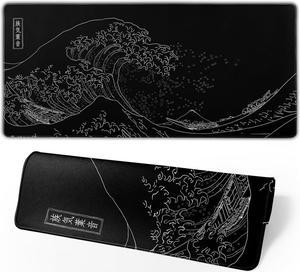 Japanese Gaming Mouse Pad Black Mouse Pad Kanagawa Large Mousepad Non-Slip Rubber Base Waterproof with Stitched Edges for Gaming Office Home, 31.5x11.8 Inch (Black Wave)