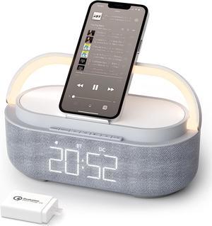 2023 Newest Bluetooth Speaker with Digital Alarm Clock, Wireless Charger, FM Clock Radio, Adjustable LED Night Light, Dual Wireless Speakers,2500mAh Battery for Bedroom,Home, Adaptor (Gray) From USA