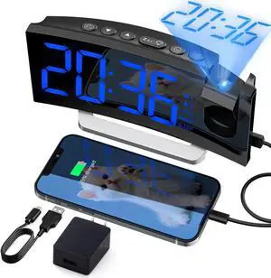 Alarm Clock Radio, Digital Clock with 0-100% Dimmer and Projection on Ceiling, Large Display, Dual Alarms, USB Charger, 5 Alarm Sounds and Adjustable Volume, Digital Alarm Clock for Bedroom, Snooze
