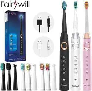 Fairywill Sonic Electric Toothbrush Rechargeable Brush Heads USB Charger 5 Modes